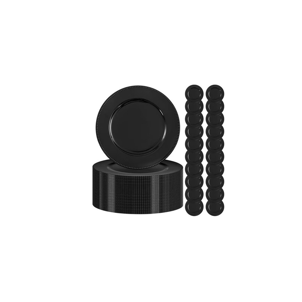 50 Pack Black Charger Plates 13" Round Beaded Rim‎ Plastic Party Dinner New Case